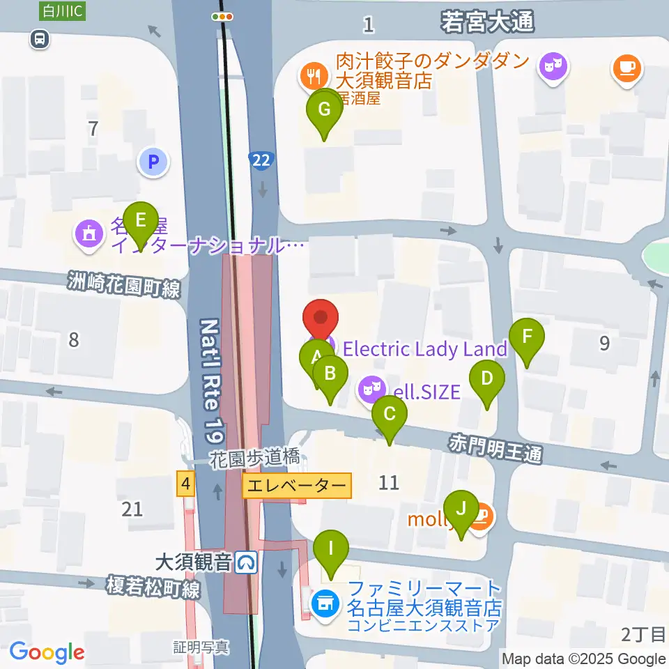 名古屋エレクトリックレディランド周辺のファミレス・ファーストフード一覧地図