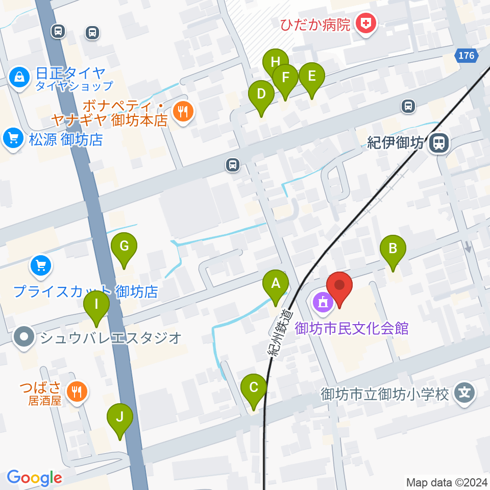 御坊市民文化会館周辺のファミレス・ファーストフード一覧地図