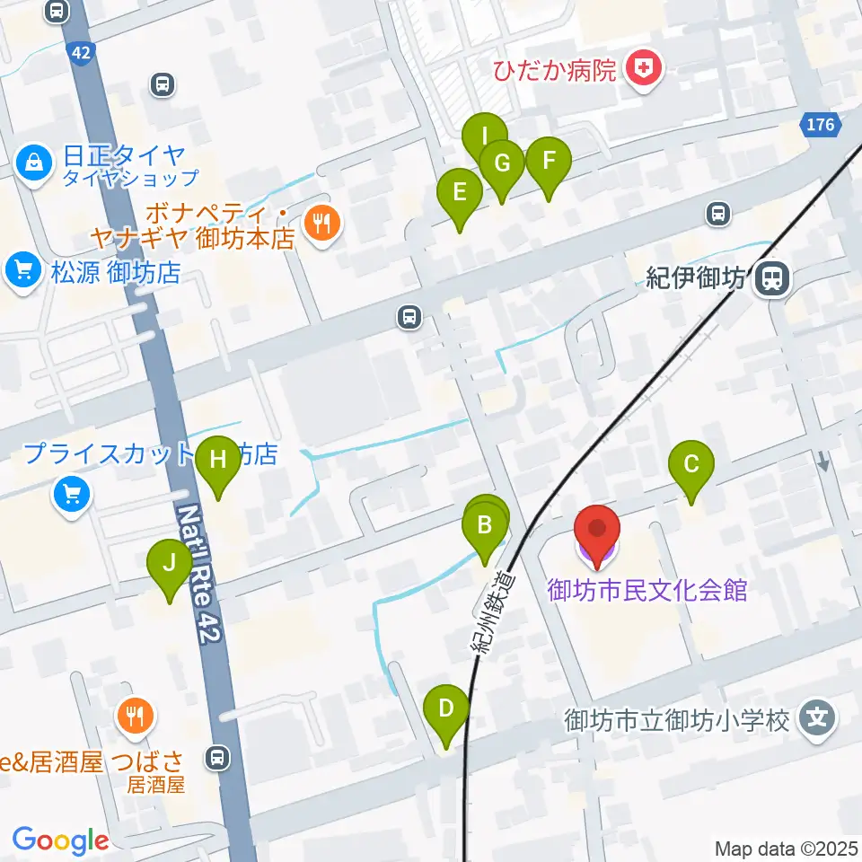 御坊市民文化会館周辺のファミレス・ファーストフード一覧地図