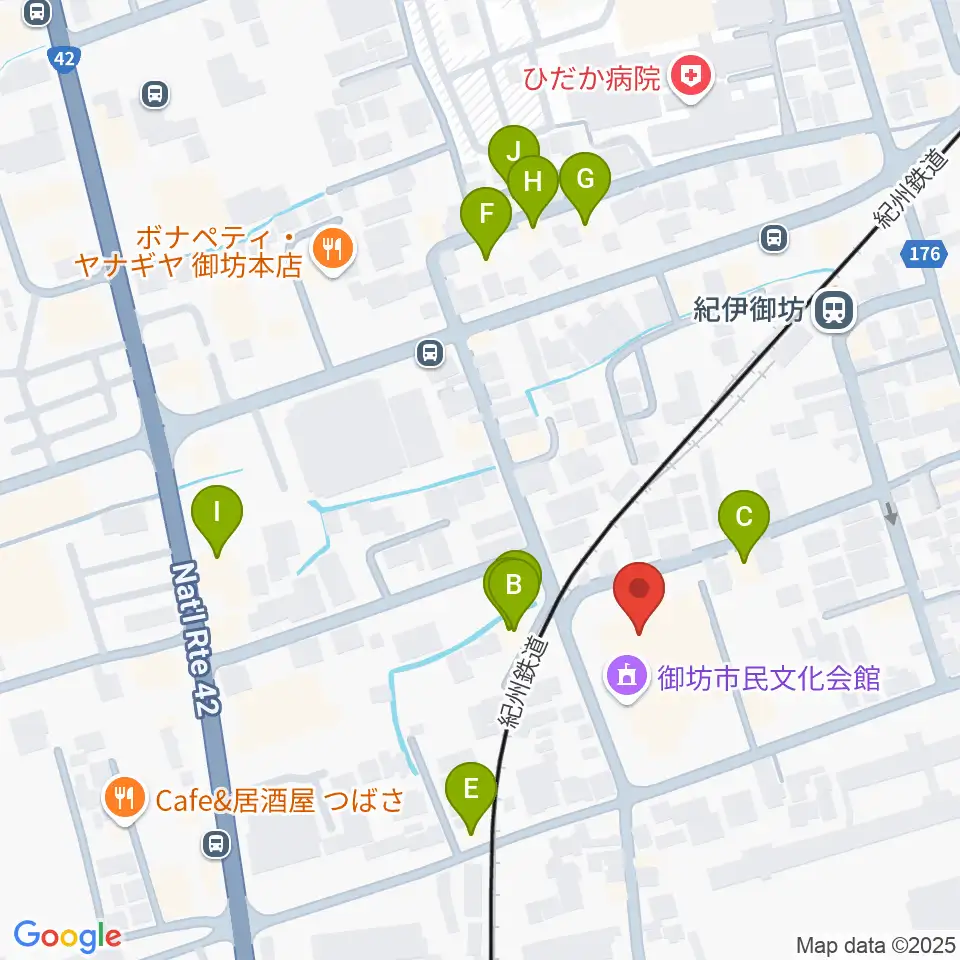 御坊市民文化会館周辺のファミレス・ファーストフード一覧地図