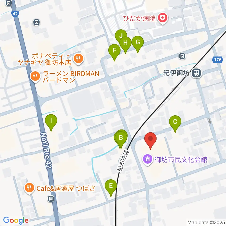 御坊市民文化会館周辺のファミレス・ファーストフード一覧地図