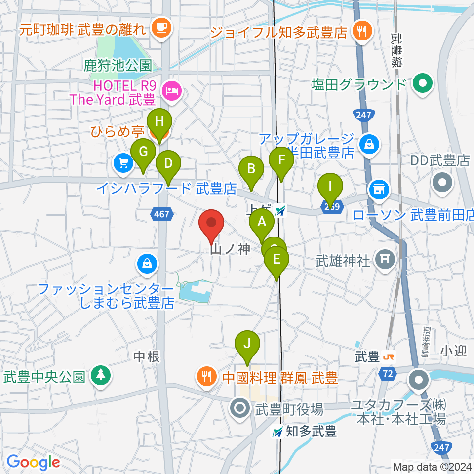 ガレージエス周辺のファミレス・ファーストフード一覧地図