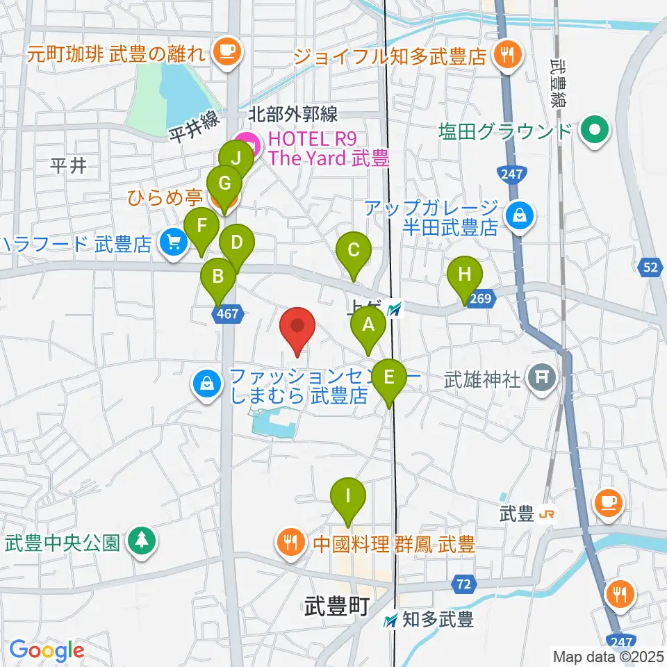 ガレージエス周辺のファミレス・ファーストフード一覧地図