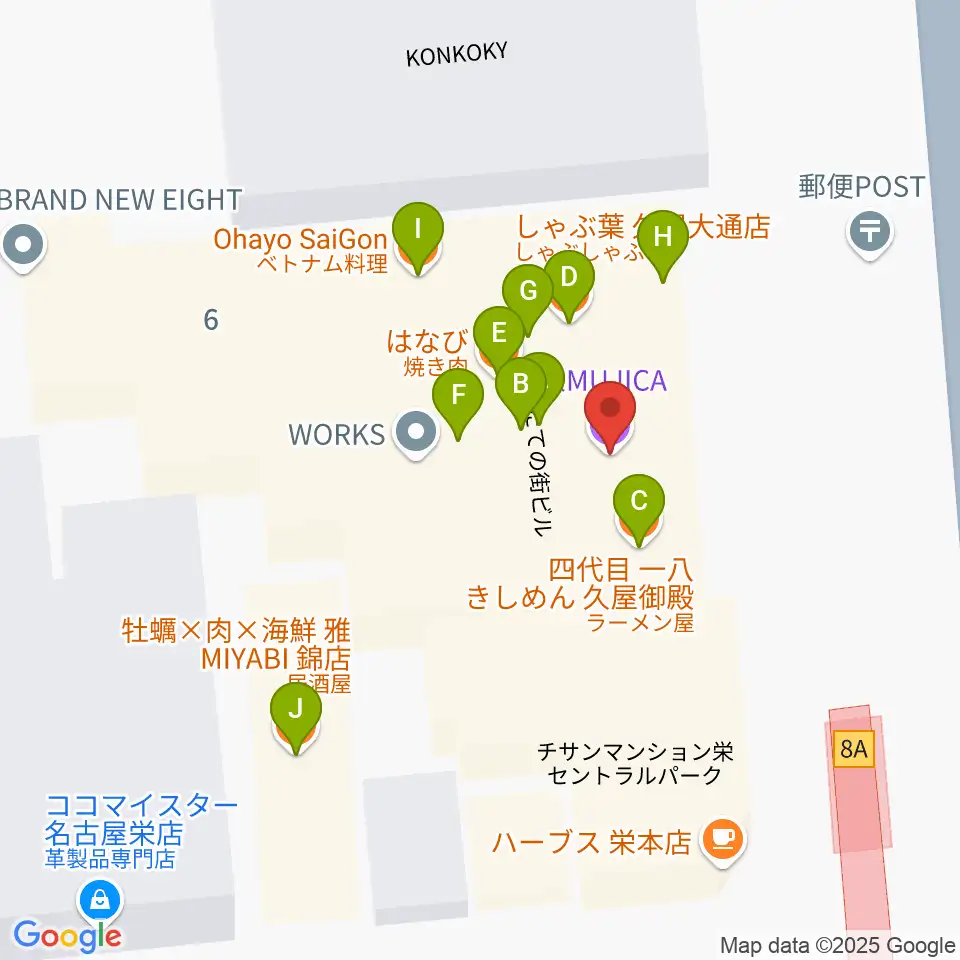 名古屋栄ムジカ周辺のファミレス・ファーストフード一覧地図