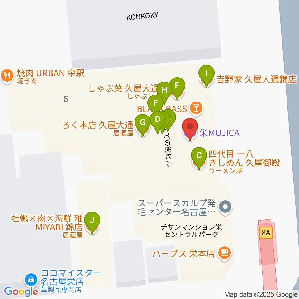 名古屋栄ムジカ周辺のファミレス・ファーストフード一覧地図