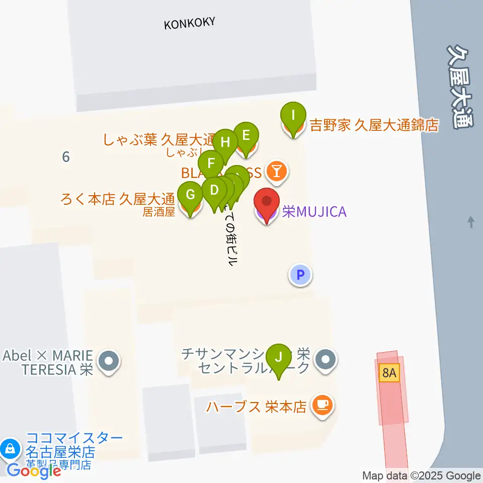 名古屋栄ムジカ周辺のファミレス・ファーストフード一覧地図