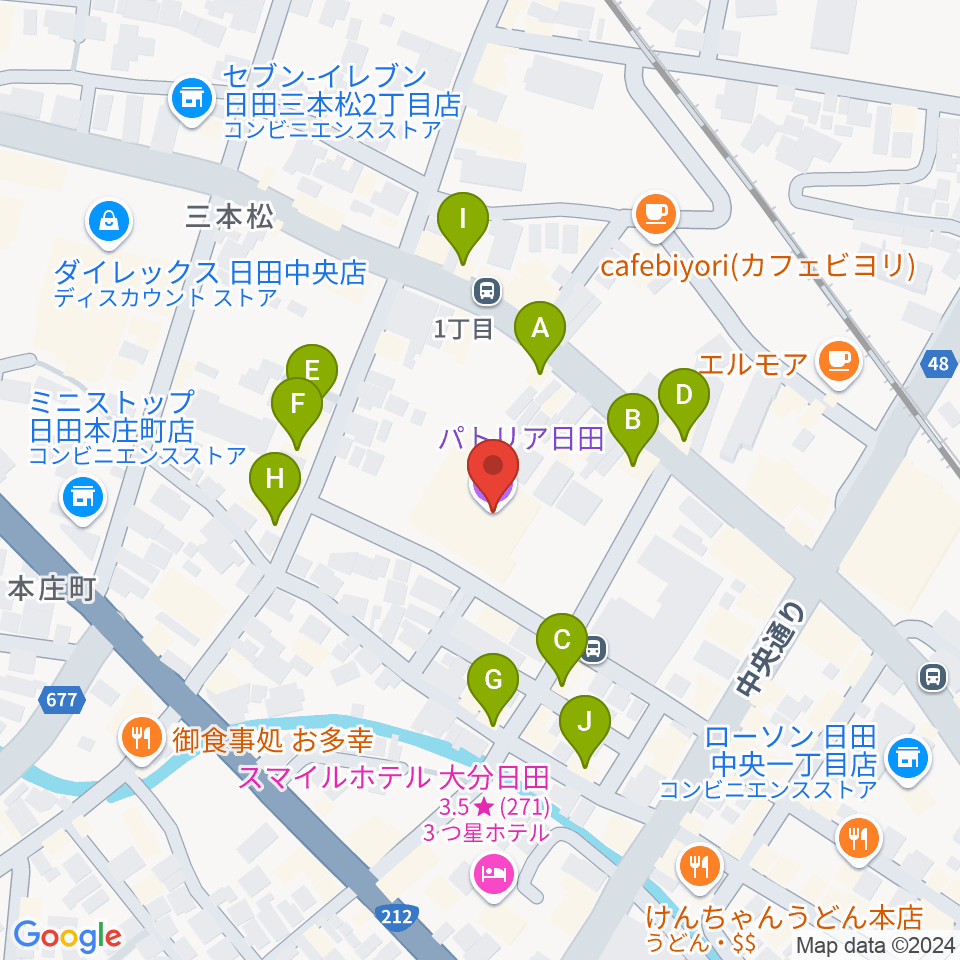 日田市民文化会館 パトリア日田周辺のファミレス・ファーストフード一覧地図