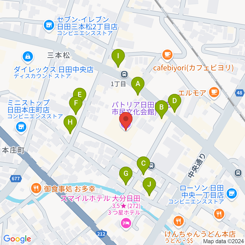 日田市民文化会館 パトリア日田周辺のファミレス・ファーストフード一覧地図