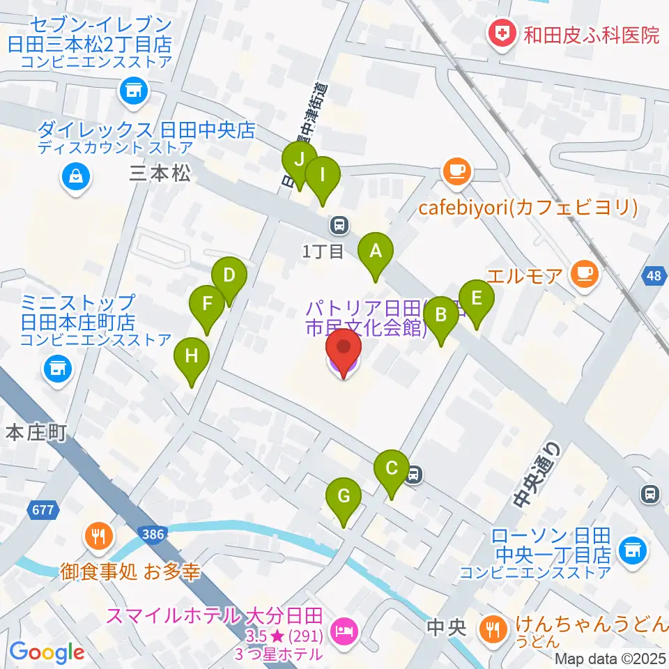 日田市民文化会館 パトリア日田周辺のファミレス・ファーストフード一覧地図