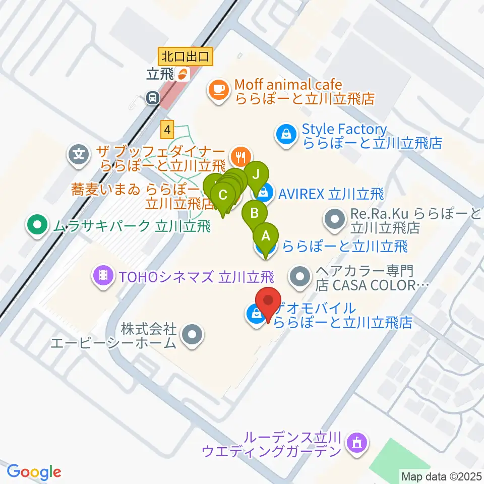 タワーレコードららぽーと立川立飛店周辺のファミレス・ファーストフード一覧地図