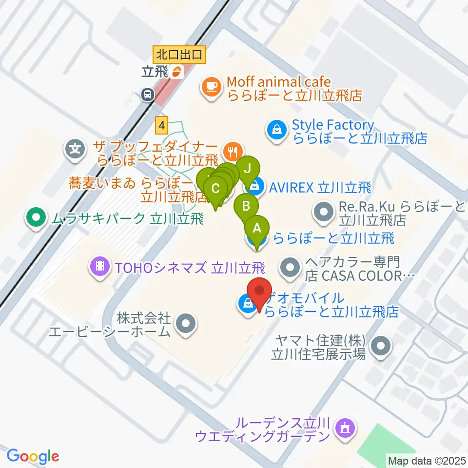 タワーレコードららぽーと立川立飛店周辺のファミレス・ファーストフード一覧地図
