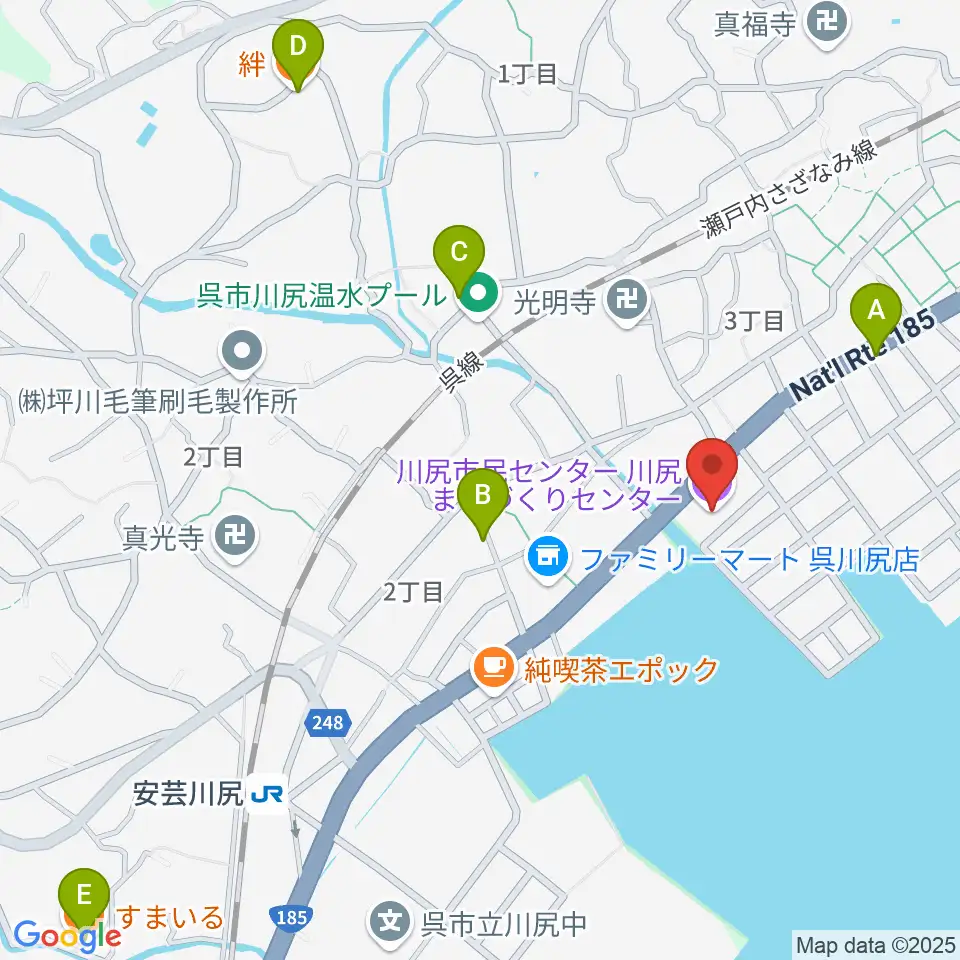 川尻まちづくりセンター ベイノロホール周辺のファミレス・ファーストフード一覧地図