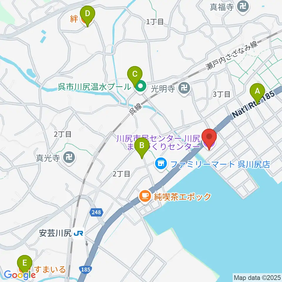 川尻まちづくりセンター ベイノロホール周辺のファミレス・ファーストフード一覧地図