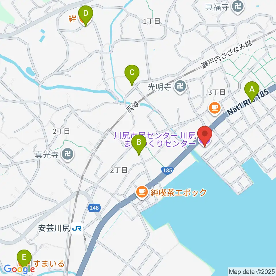 川尻まちづくりセンター ベイノロホール周辺のファミレス・ファーストフード一覧地図