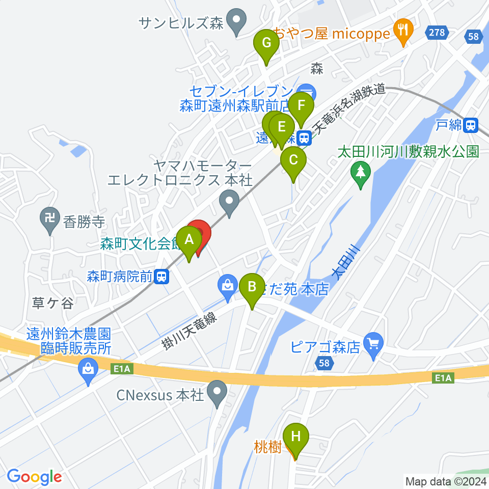 森町文化会館ミキホール周辺のファミレス・ファーストフード一覧地図