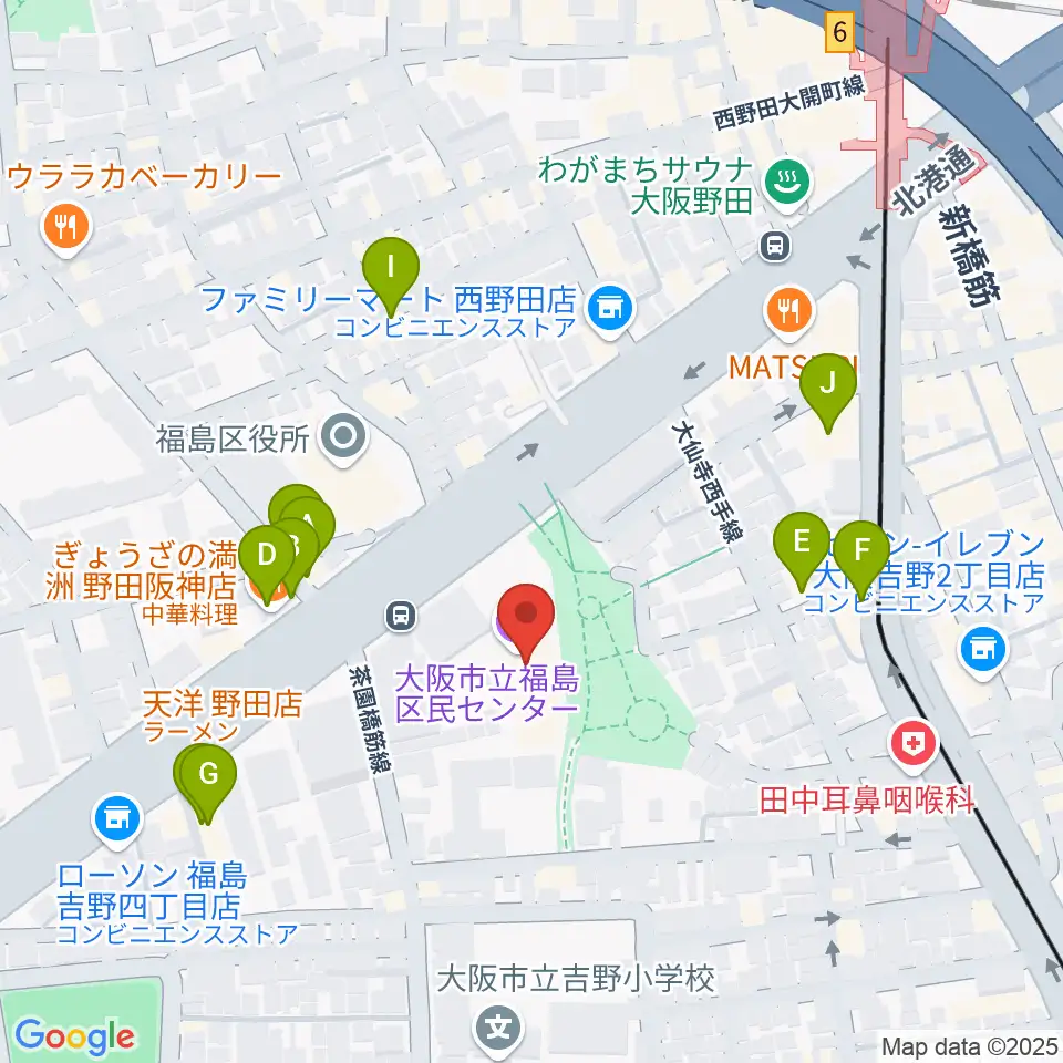 福島区民センター ホール周辺のファミレス・ファーストフード一覧地図