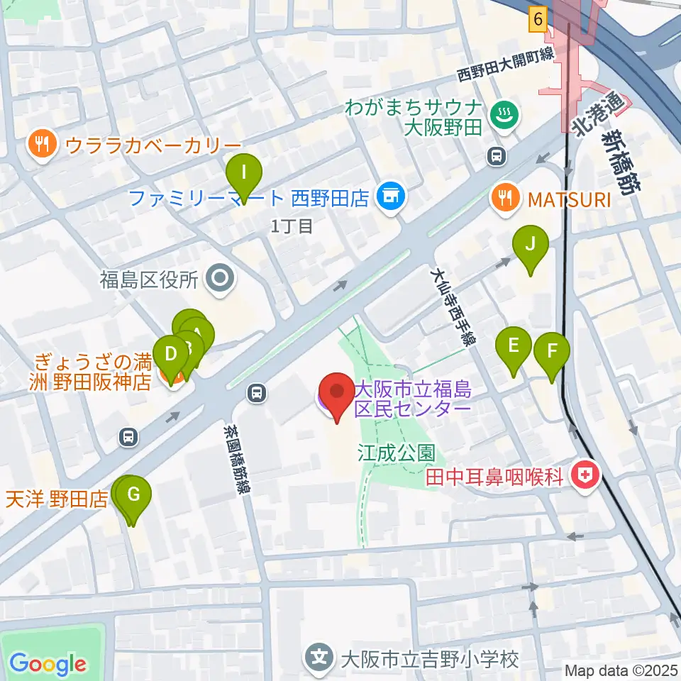 福島区民センター ホール周辺のファミレス・ファーストフード一覧地図
