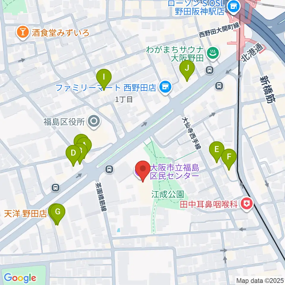 福島区民センター ホール周辺のファミレス・ファーストフード一覧地図