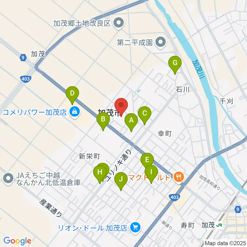 加茂文化会館周辺のファミレス・ファーストフード一覧地図