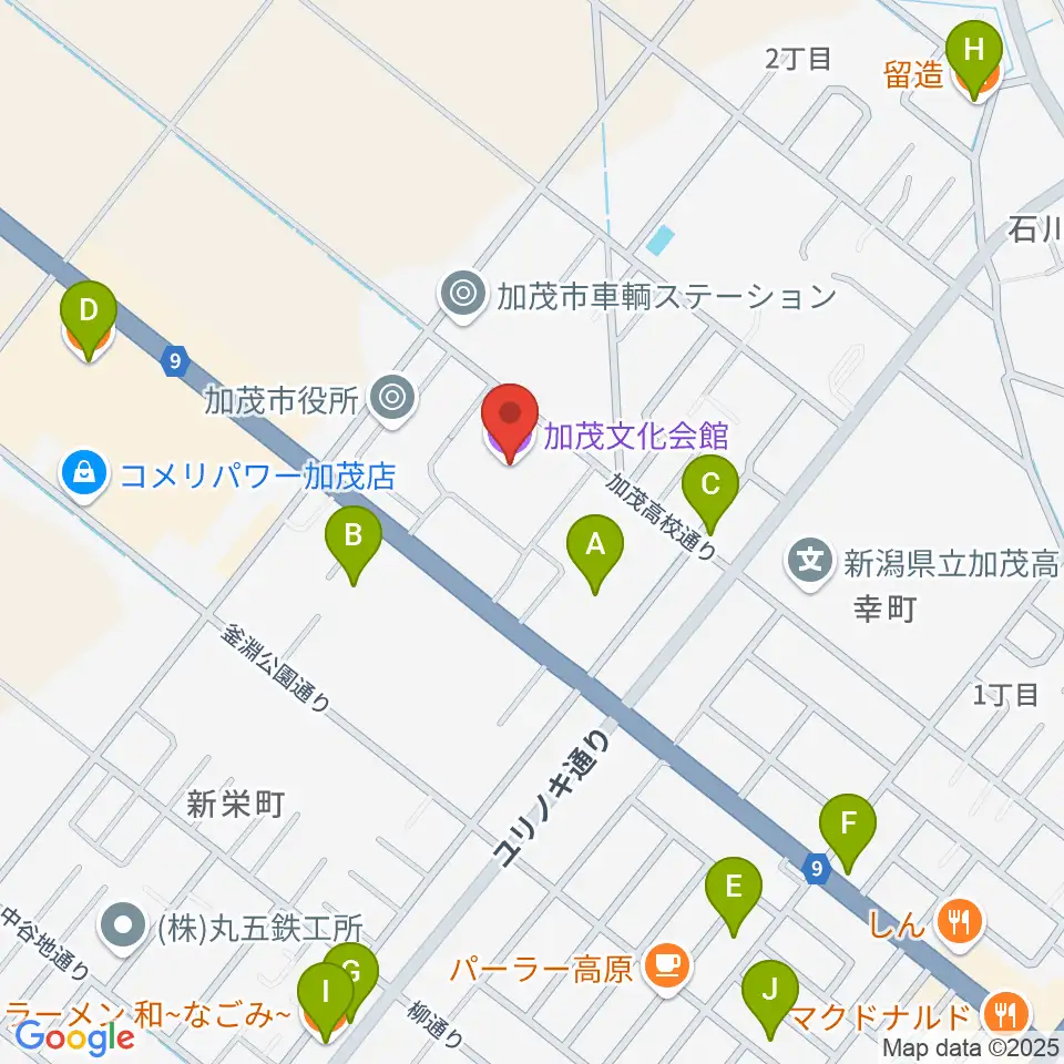 加茂文化会館周辺のファミレス・ファーストフード一覧地図