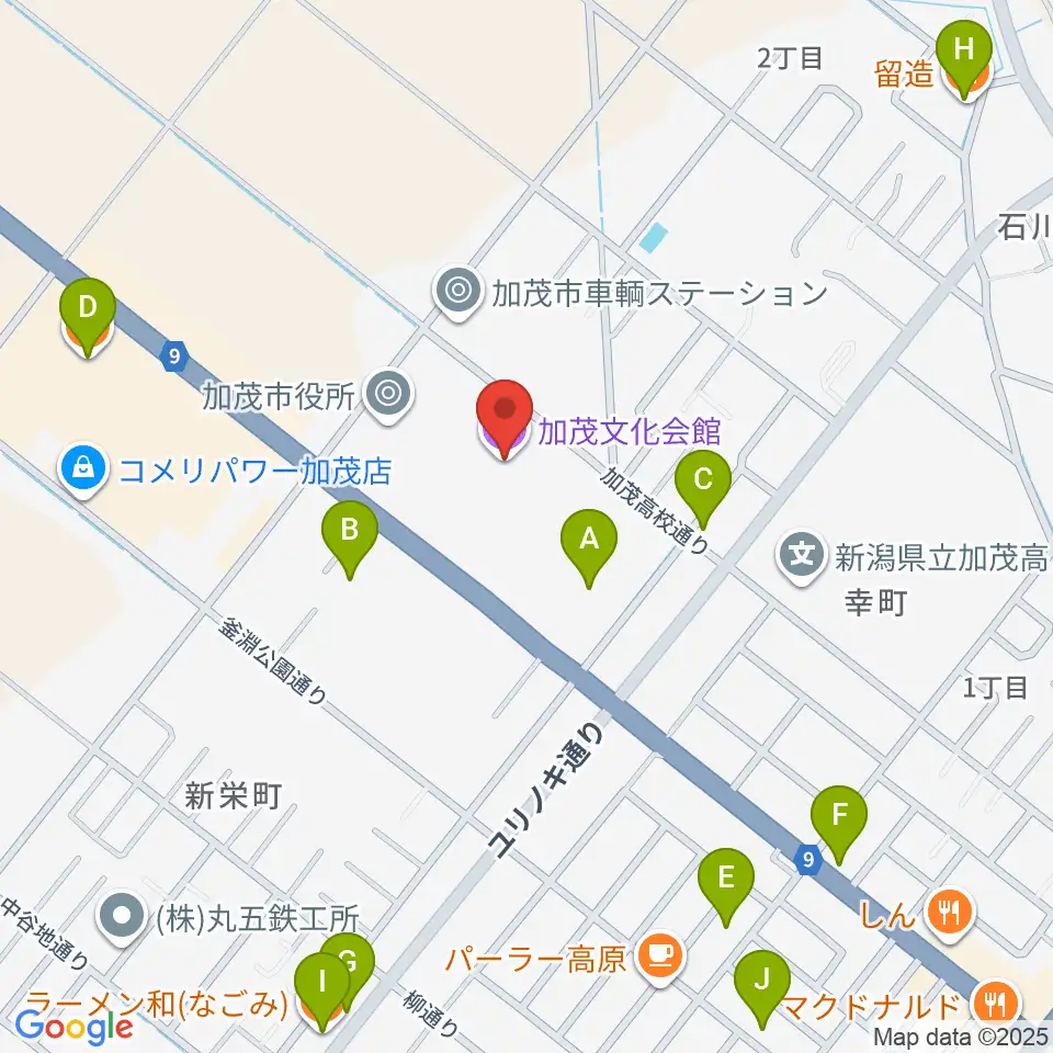 加茂文化会館周辺のファミレス・ファーストフード一覧地図