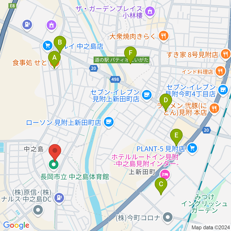 長岡市中之島文化センター周辺のファミレス・ファーストフード一覧地図