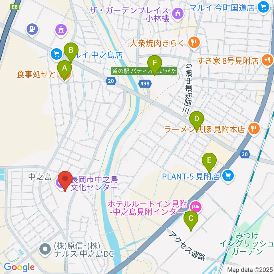 長岡市中之島文化センター周辺のファミレス・ファーストフード一覧地図