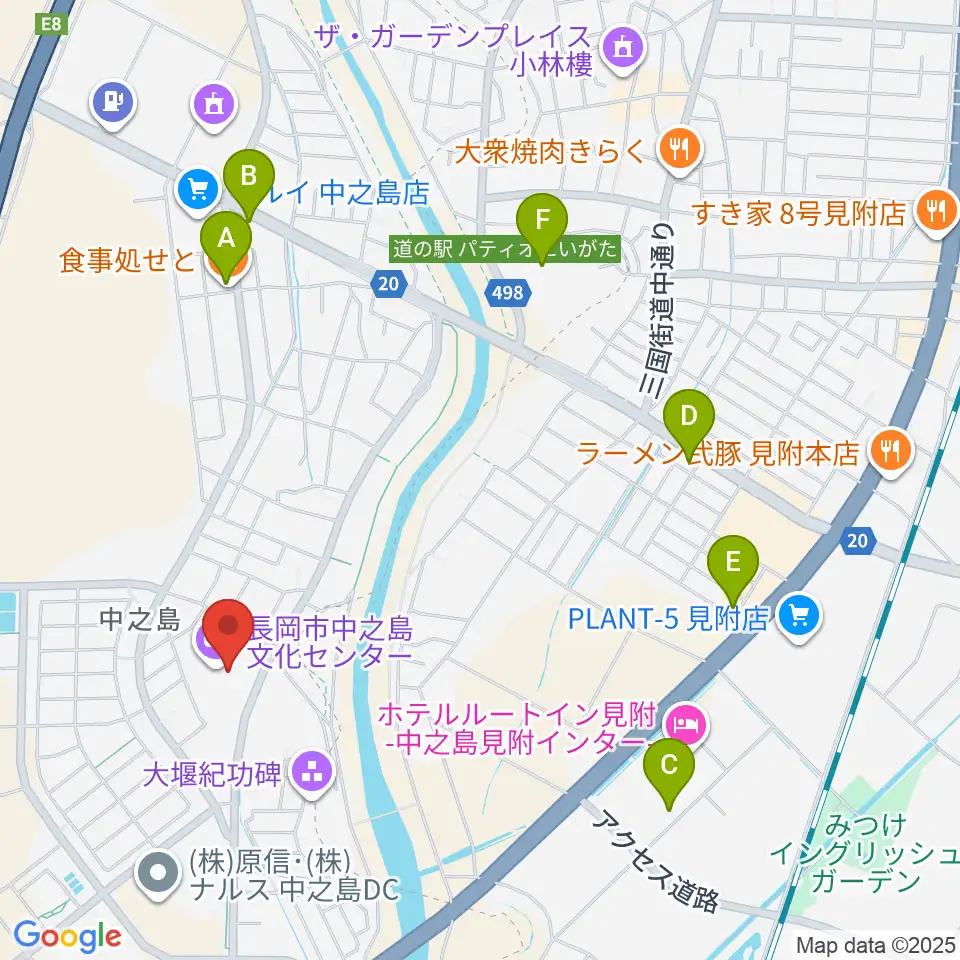 長岡市中之島文化センター周辺のファミレス・ファーストフード一覧地図