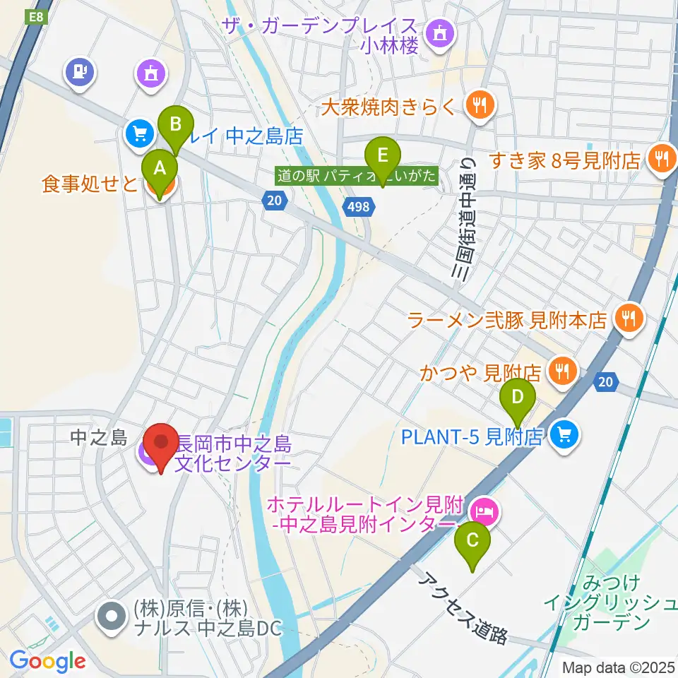 長岡市中之島文化センター周辺のファミレス・ファーストフード一覧地図