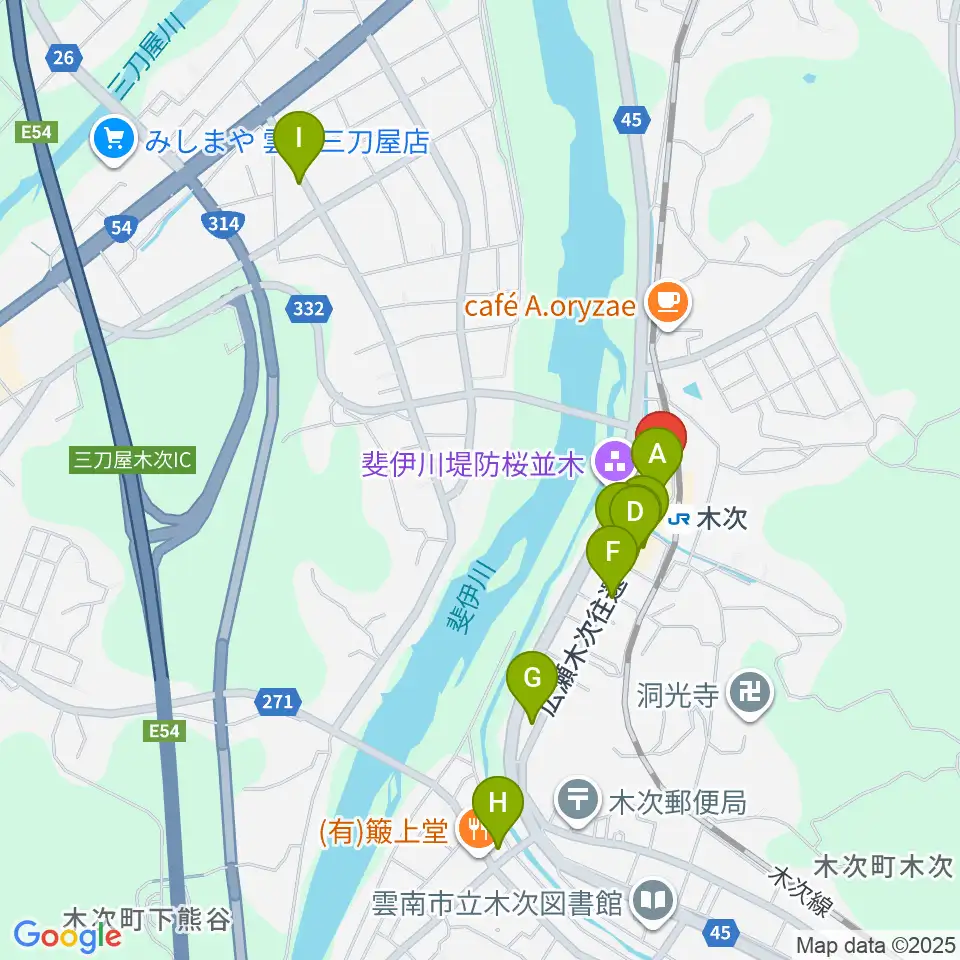 木次経済文化会館チェリヴァホール周辺のファミレス・ファーストフード一覧地図