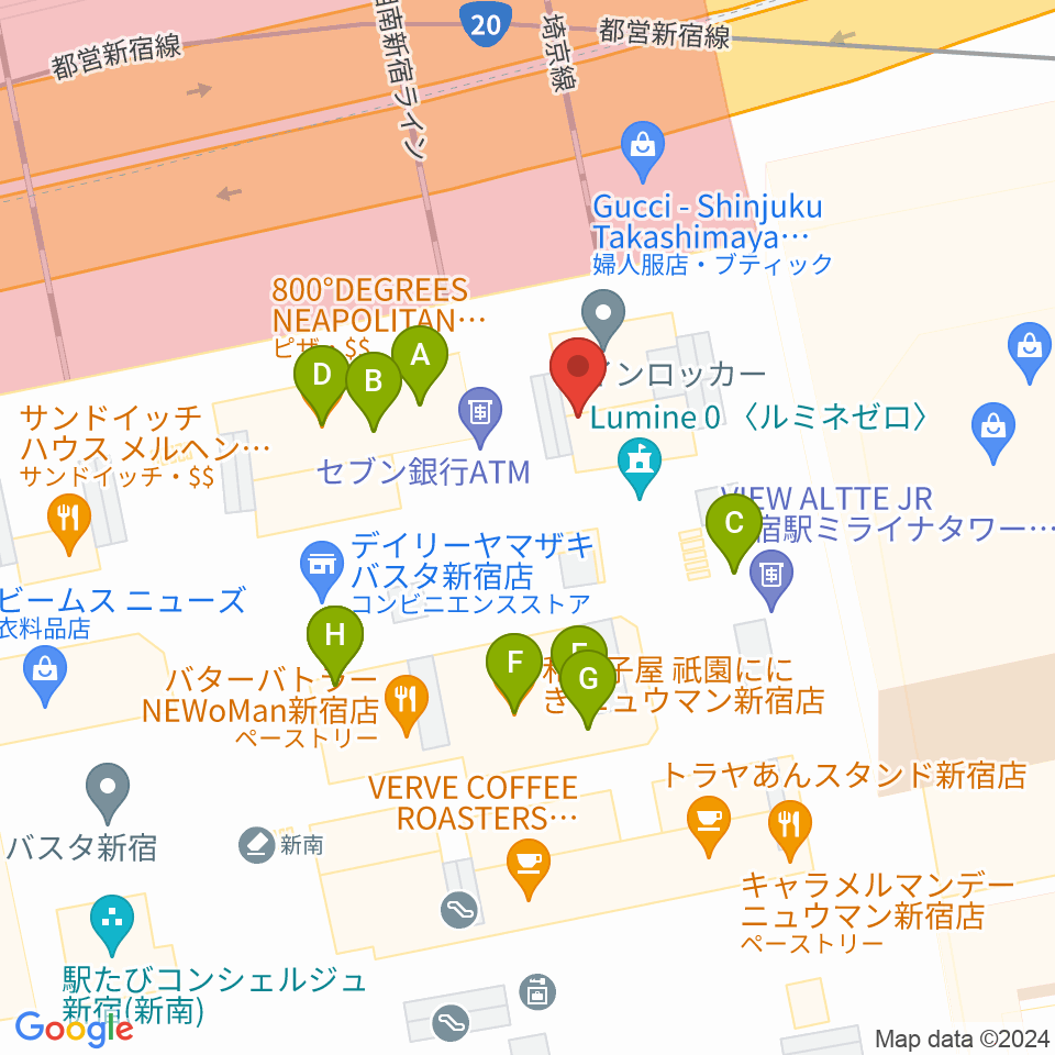 新宿LUMINE0（ルミネゼロ）周辺のファミレス・ファーストフード一覧地図