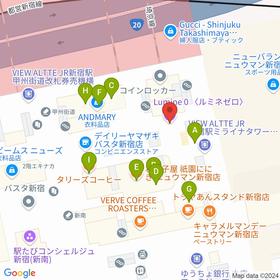 新宿ルミネゼロ周辺のファミレス・ファーストフード一覧地図