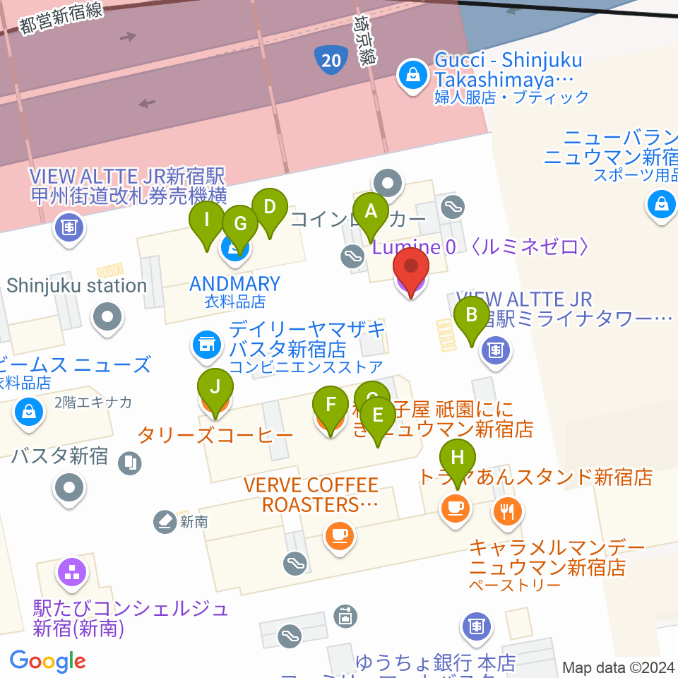 新宿ルミネゼロ周辺のファミレス・ファーストフード一覧地図