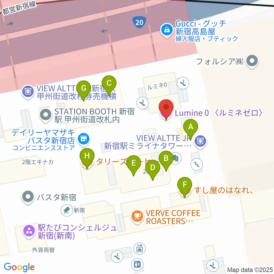 新宿ルミネゼロ周辺のファミレス・ファーストフード一覧地図