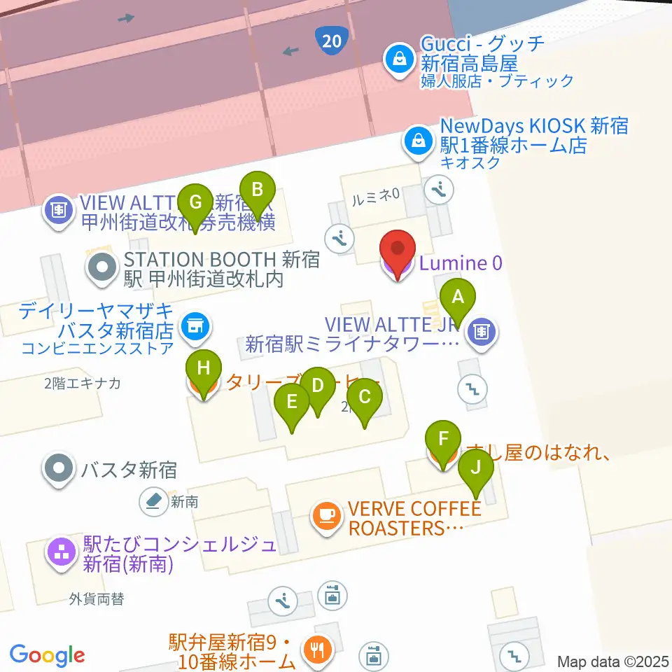 新宿ルミネゼロ周辺のファミレス・ファーストフード一覧地図