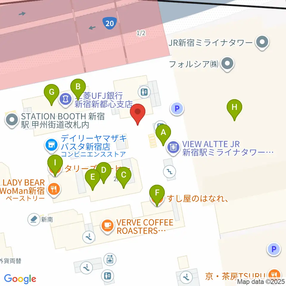 新宿ルミネゼロ周辺のファミレス・ファーストフード一覧地図
