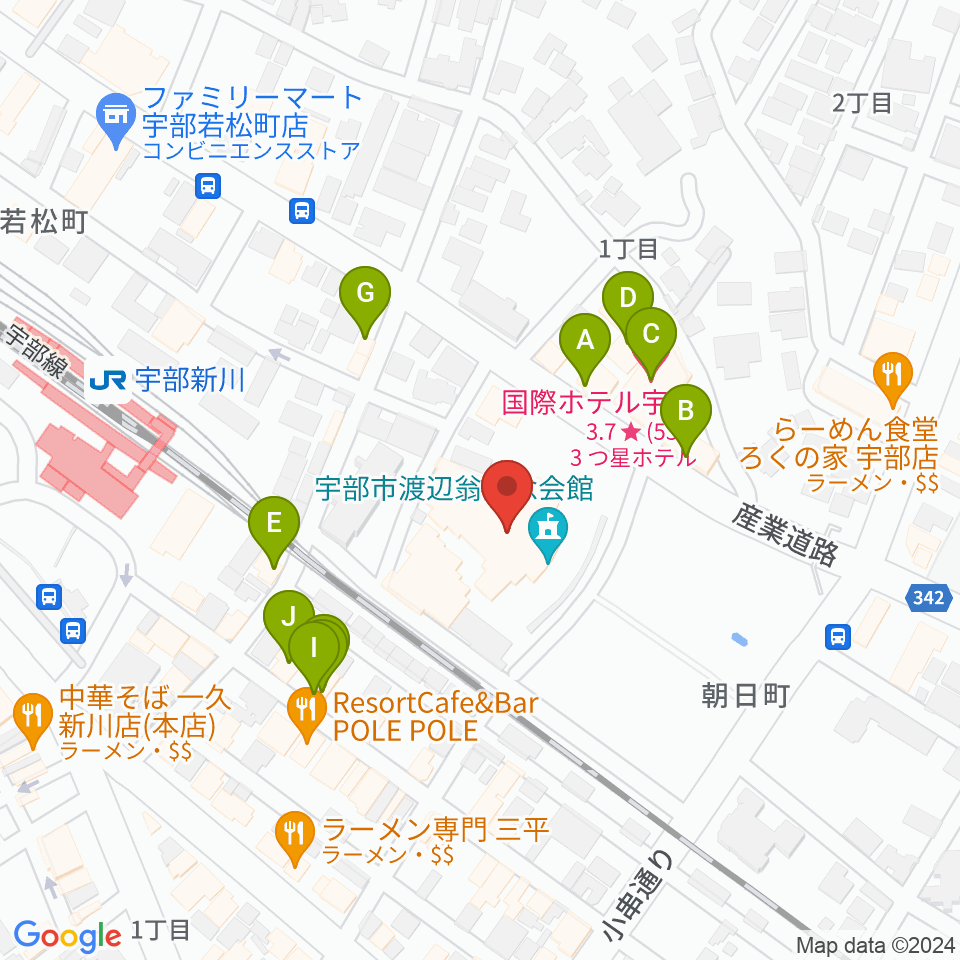 宇部市渡辺翁記念会館周辺のファミレス・ファーストフード一覧地図