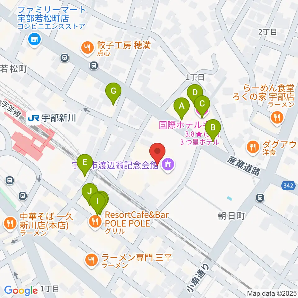 宇部市渡辺翁記念会館周辺のファミレス・ファーストフード一覧地図