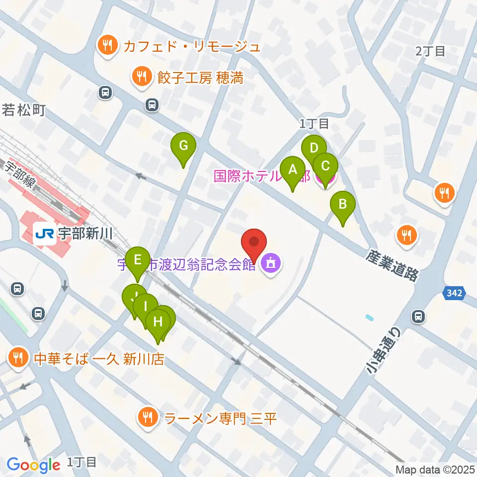 宇部市渡辺翁記念会館周辺のファミレス・ファーストフード一覧地図