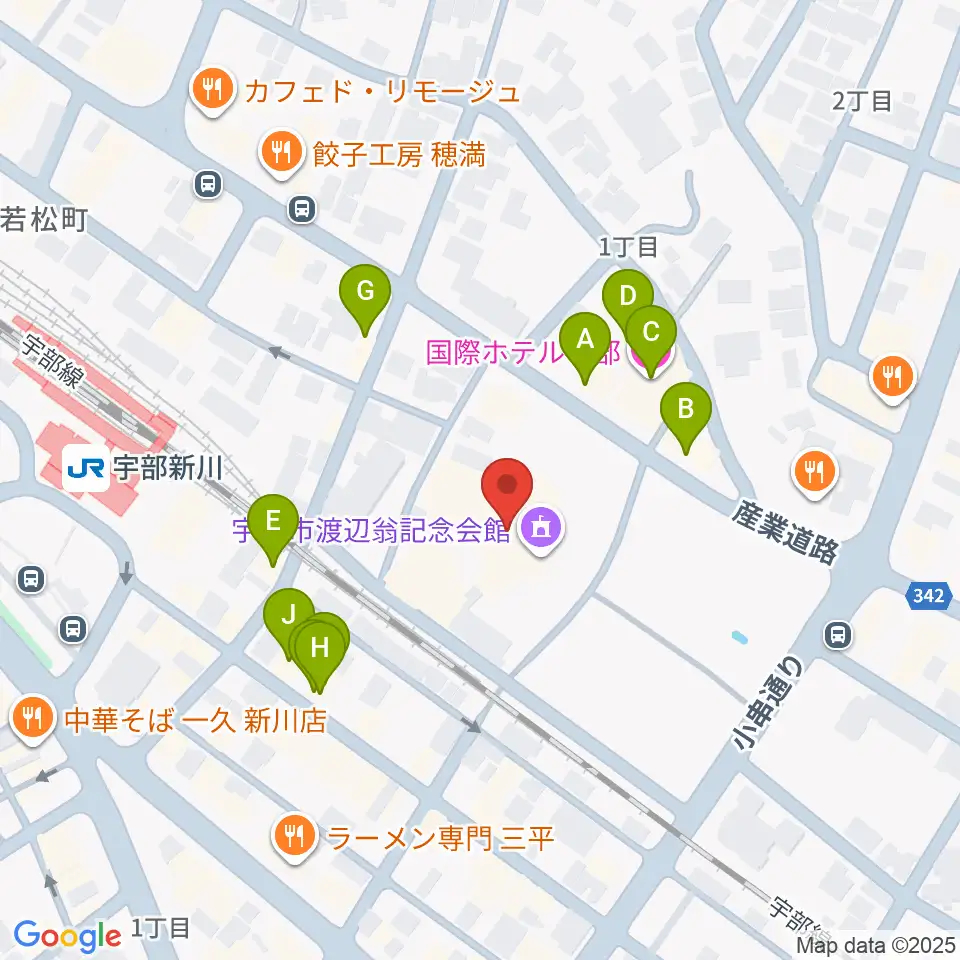 宇部市渡辺翁記念会館周辺のファミレス・ファーストフード一覧地図