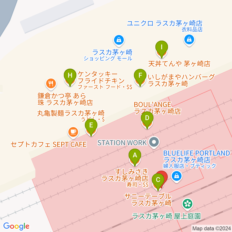 ラスカ茅ヶ崎ホール周辺のファミレス・ファーストフード一覧地図