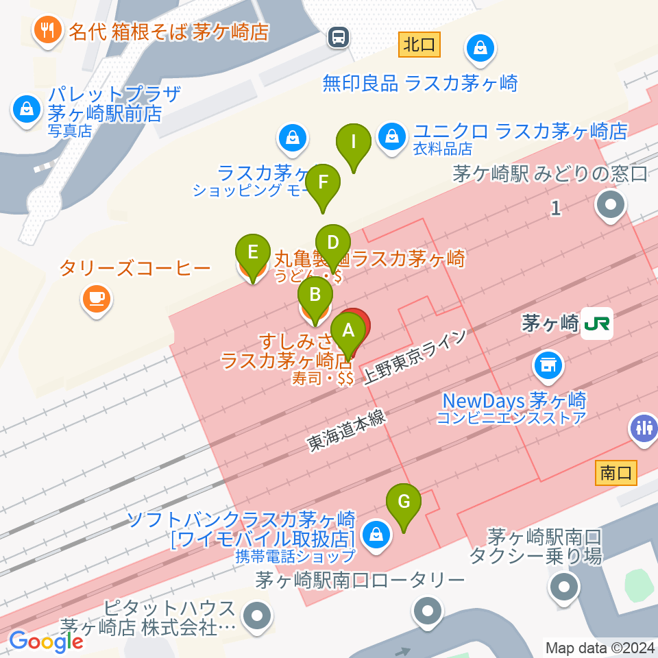 ラスカ茅ヶ崎ホール周辺のファミレス・ファーストフード一覧地図