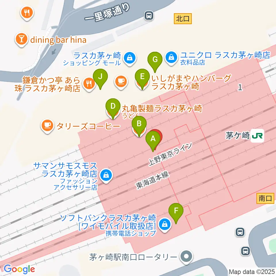 ラスカ茅ヶ崎ホール周辺のファミレス・ファーストフード一覧地図