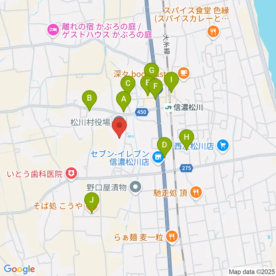 松川村多目的交流センターすずの音ホール周辺のファミレス・ファーストフード一覧地図