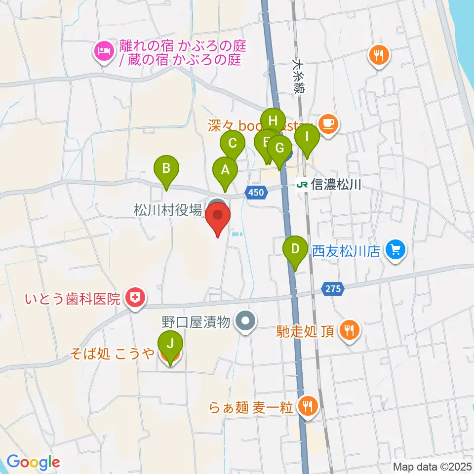 松川村多目的交流センターすずの音ホール周辺のファミレス・ファーストフード一覧地図