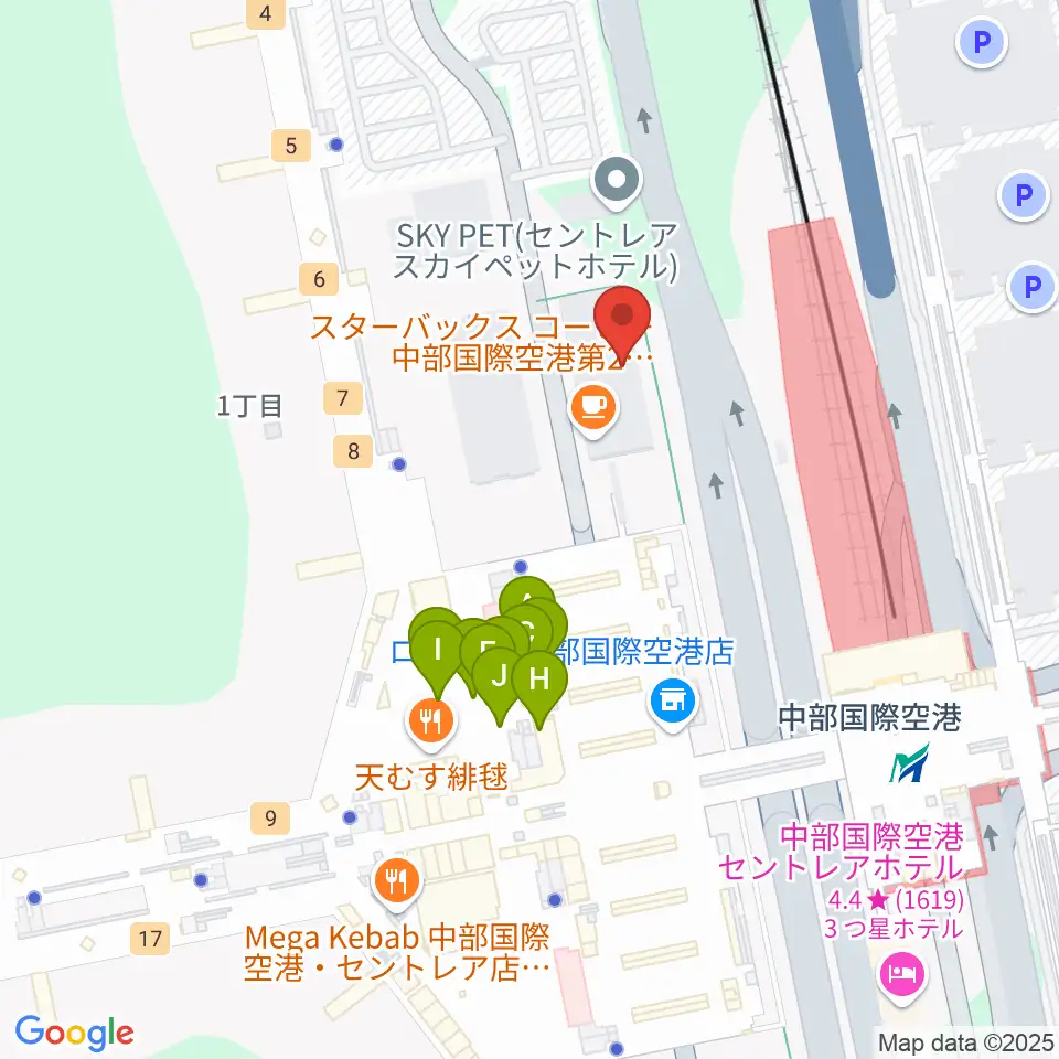 中部国際空港セントレアホール周辺のファミレス・ファーストフード一覧地図
