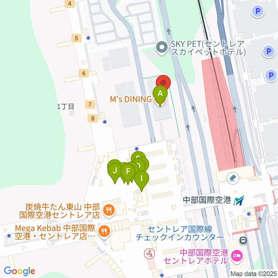 中部国際空港セントレアホール周辺のファミレス・ファーストフード一覧地図