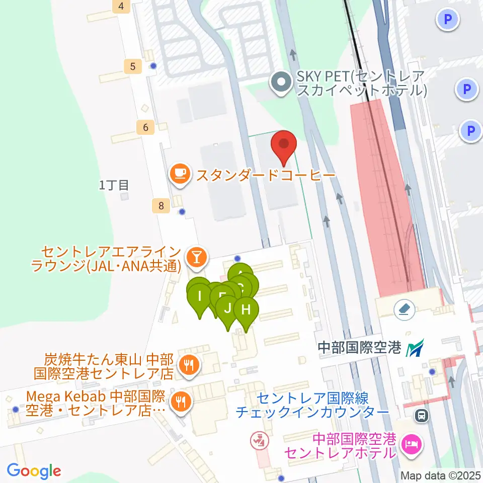 中部国際空港セントレアホール周辺のファミレス・ファーストフード一覧地図