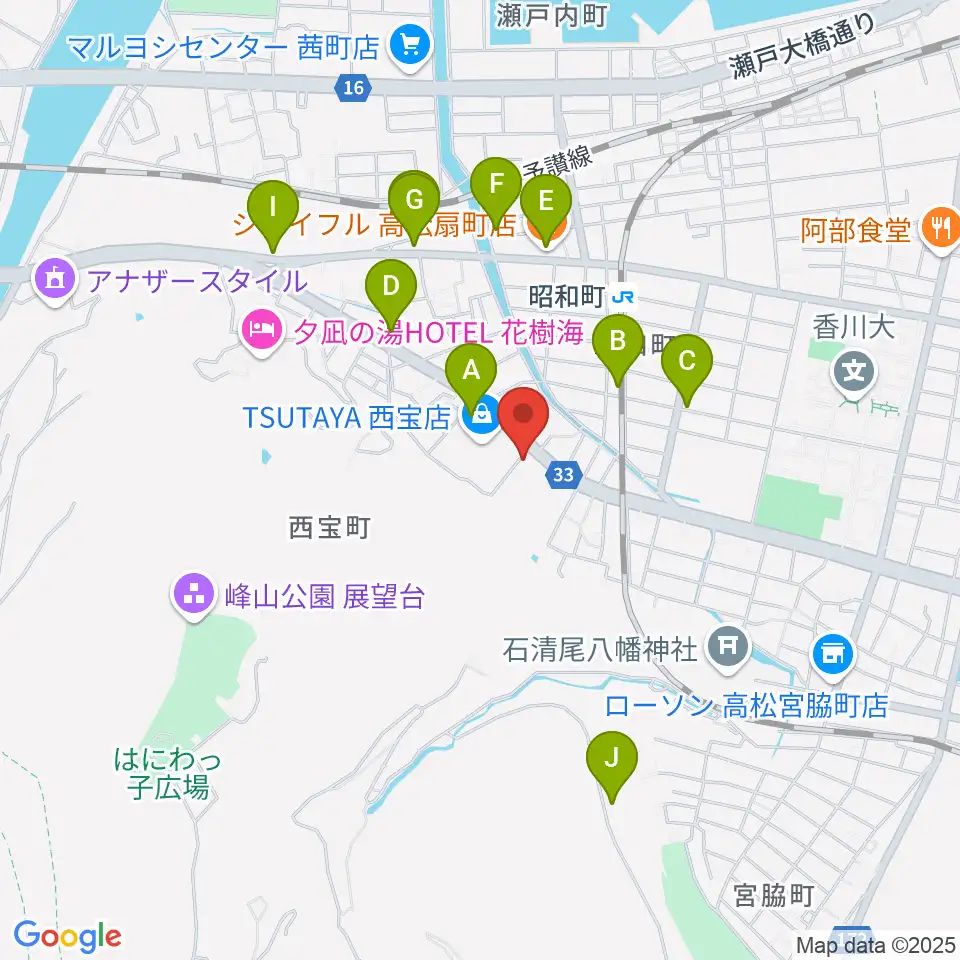 香川県教育会館ミューズホール周辺のファミレス・ファーストフード一覧地図