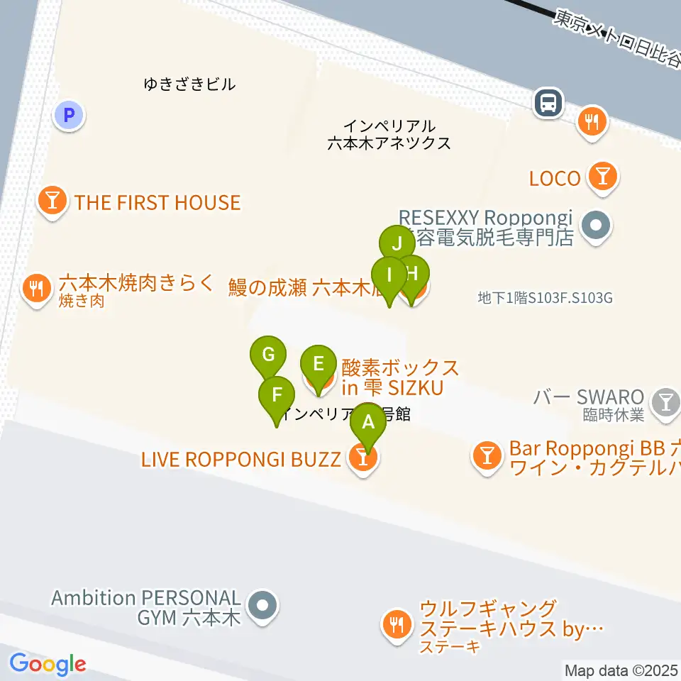 六本木BUZZ周辺のファミレス・ファーストフード一覧地図